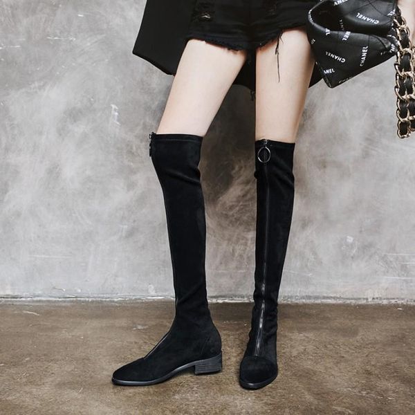 

gpokhds 2020 women knee-high boots cow leather winter short plush zipper pointed toe black color low heels high boots size 34-43