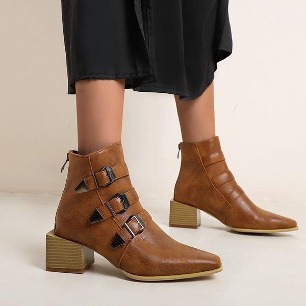 

handmade brown shoes women denim cowboy western ankle boots 2020 winter square toe block high heels zipper snake booties size 451, Black