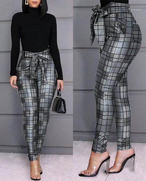 

grid design casual pants women plaid skinny fit bow tied hight waist pencil pants1, Black;white