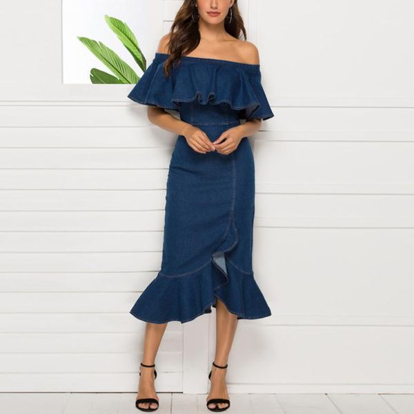 

ruffles jeans dress empire vintage women summer dress ladies denim mid length party1, Black;gray
