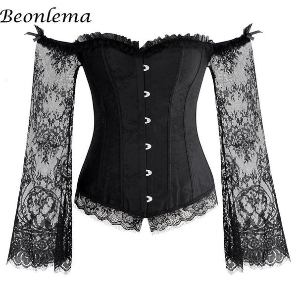 

corset long sleeve lace corselet lace up bustiers korset off shoulder party club wedding plus size s-6xl y19070201, Black;white