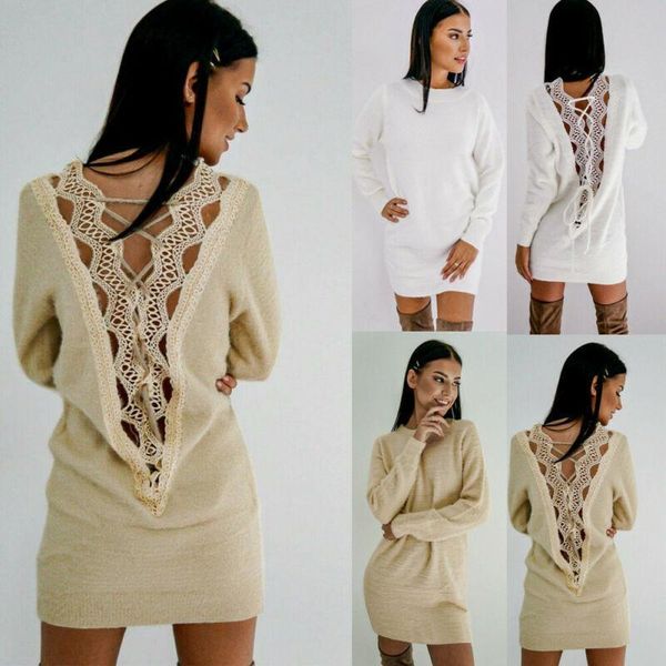 

zity women long sleeve winter fleece fluffy sweater dresses jumper office ladies warm solid pullover hollow out backless dress lj201125, Black;gray