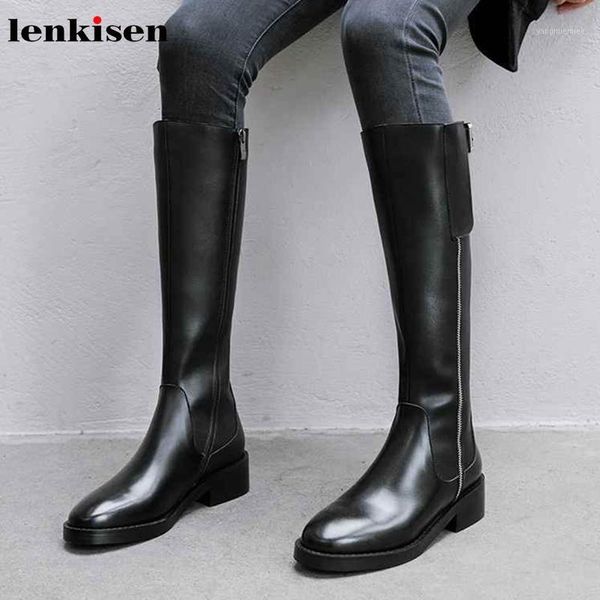 

lenkisen new riding boots cow leather med heels round toe handsome side zipper buckle straps winter women thigh high boots l821, Black