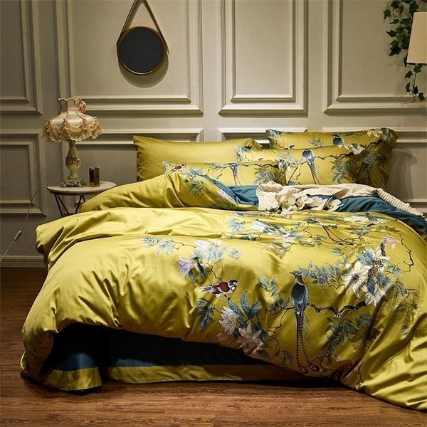 Giallo setoso cotone egiziano stile cineserie uccelli pianta copripiumino lenzuolo lenzuolo con angoli set king size set biancheria da letto 201021