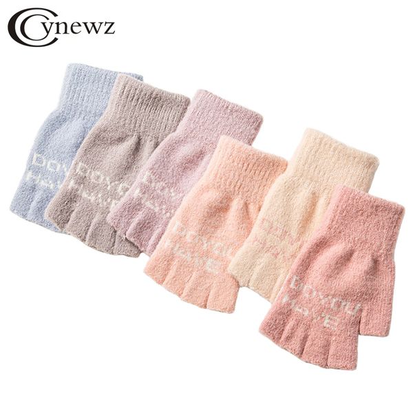 

winter knitted women fingerless rabbit wool keep warm letter print female half finger gloves autumn guantes for ladies, Blue;gray