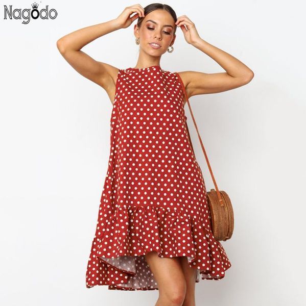 

nagodo polka dot dress women 2020 summer vintage dresses o-neck a-line ruffles loose sleeveless dress vestidos mujer jurken1, Black;gray