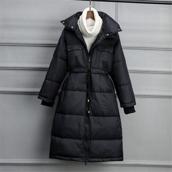 

winter winter women long white duck down jacket coat thick outerwear women's drawstring waist faux fur lapel parka femal1, Black