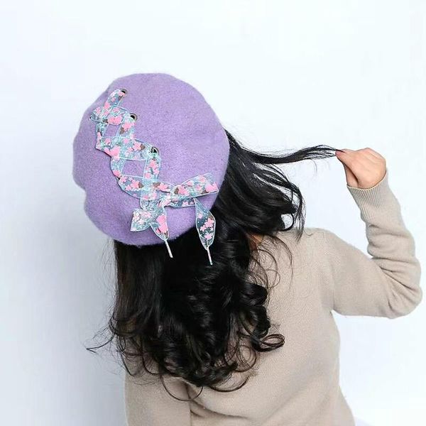 

flb] amazing winter kids girls ribbon beret hat cap cute children warm beanie winter caps gift painter cap french cap f161 wmtvxf, Black;white