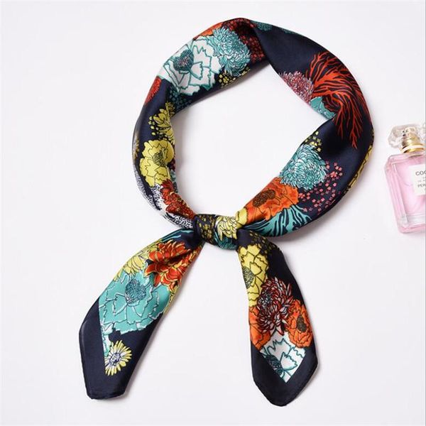 

scarves 70x70cm women multifunction polyester silk scarf colorful flowers printed satin small square wraps shawl neck ties, Blue;gray