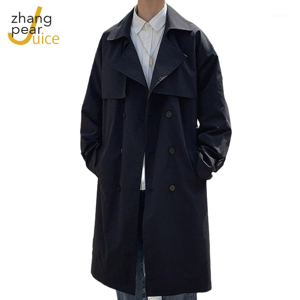 

men's casual solid double breasted trench coat high-quality men's long lapel windbreakers clothing1, Tan;black