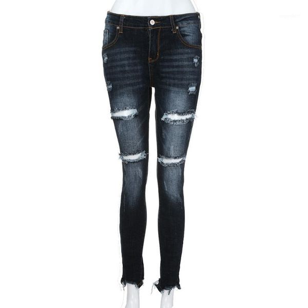 

women mid waisted skinny hole denim jeans women hole vintage girls slim ripped denim pencil pants1, Blue