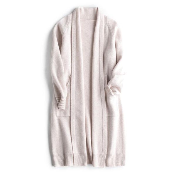 

100%goat cashmere knit women fashion long cardigan sweater coat h-straight beige 6colors /l/xl, White