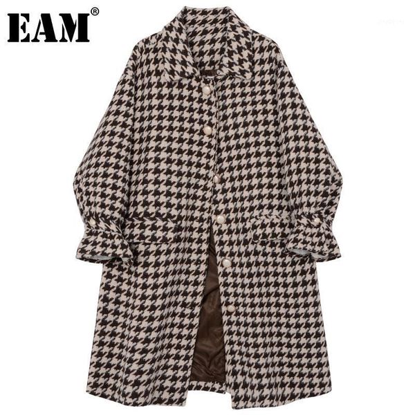 

eam] loose fit black plaid big pearls long woolen coat parkas new long sleeve women fashion tide autumn winter 2020 1dd03871