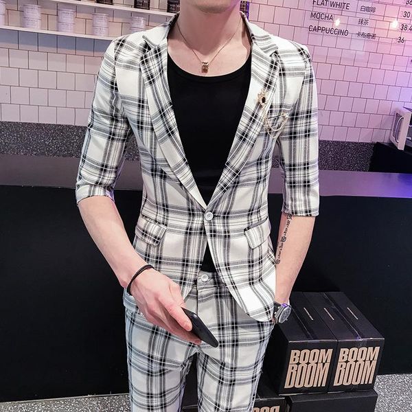 

korean fashion summer suit slim fit grid mid-sleeves two-piece suit custom wedding groom's small jacket pant, White;black
