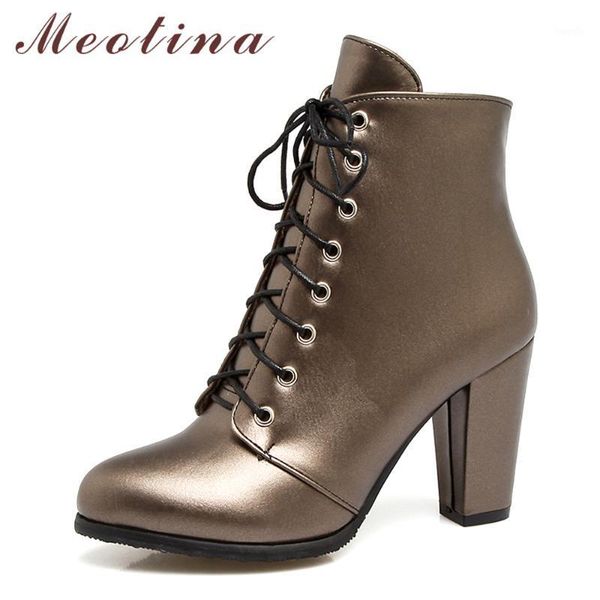 

boots meotina women ankle lace up extreme high heel short zipper pointed toe thick shoes female winter size 31, Black