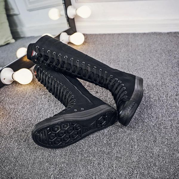 

boots high tube women fashion canvas dance knee shoes side zipper lace up tc21, Black