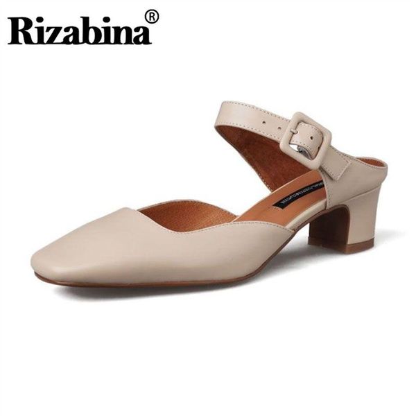 

rizabina 2020 new women genuine leather sandals slip on summer beach shoes woman office ladies low heel sandals size 34-39, Black