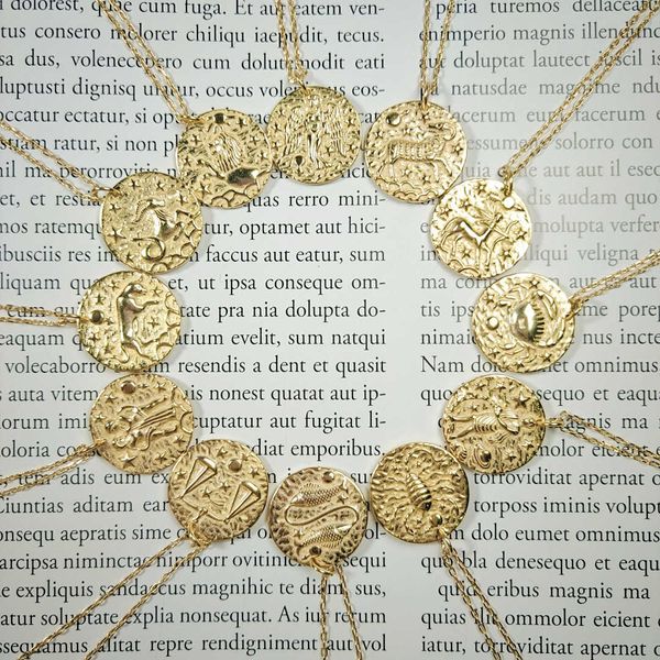 

12 constellations zodiac sign figurine coin necklace in 925 sterling silver horoscopes female jewelry gold medal necklace women