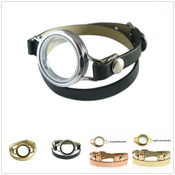 

round twist threaded screw down locket sparkling lockets with leather wrap locket bracelet1, Golden;silver