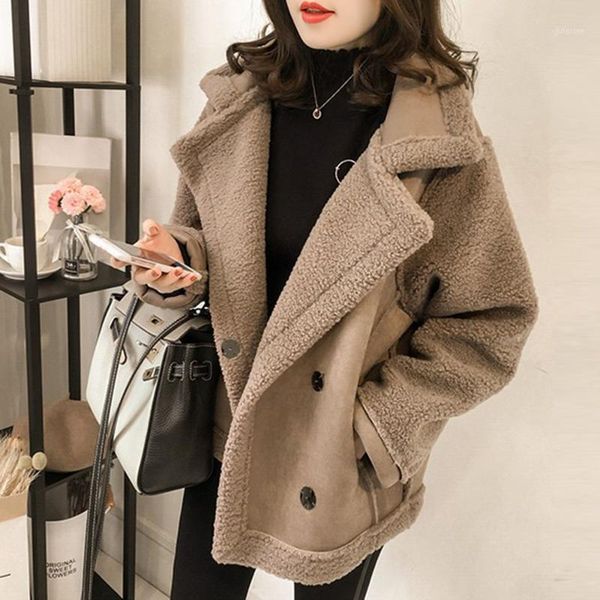 

winter plush coat women turn down collar warm fleece thick outwear female korean fashion faux fur suede jacket casual plus size1, Black