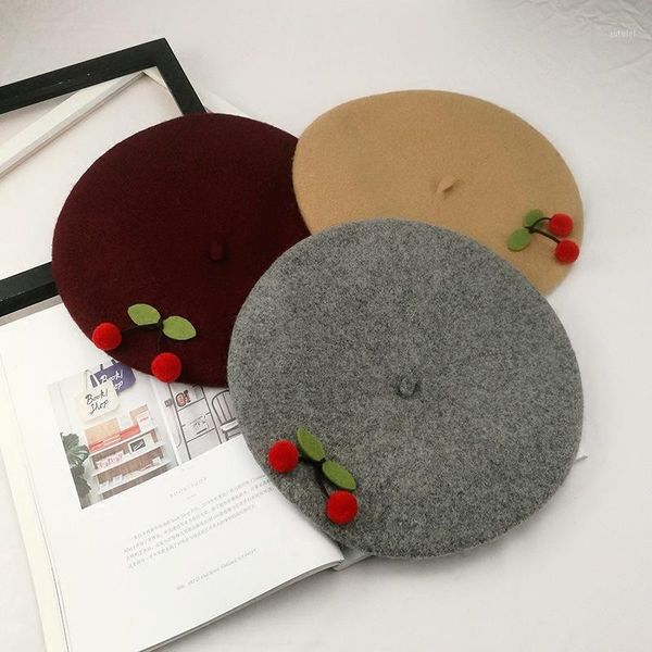 

vintage cherry wool berets woman soft warm painter hats 2020 fashion autumn winter accessary1, Blue;gray