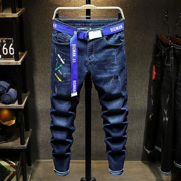 

2020 new men's and jeans slim-fit pants youth korean style fashion slim-fit dark blue men's jeans tmotw