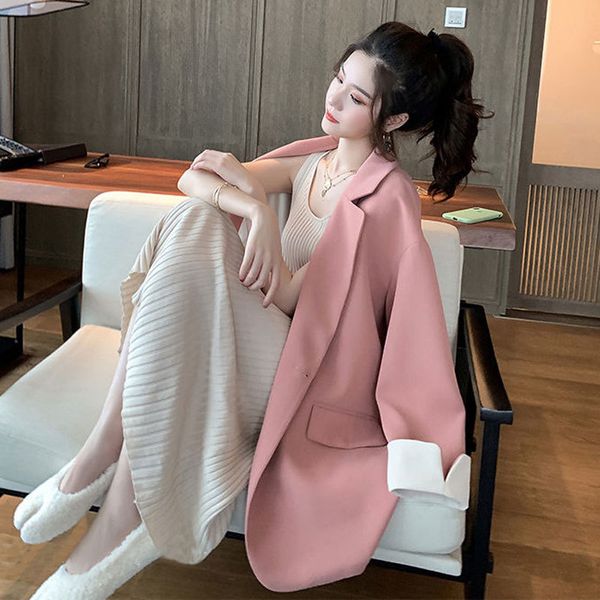 

2021 spring new korean women's work office fashion button female size pink blazer jacket j7ll, White;black