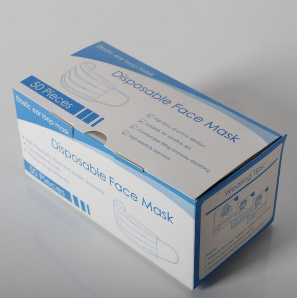 

facial disposable protective face boxes 3 layers dustproof cover masks set anti-dust mask with color box retai