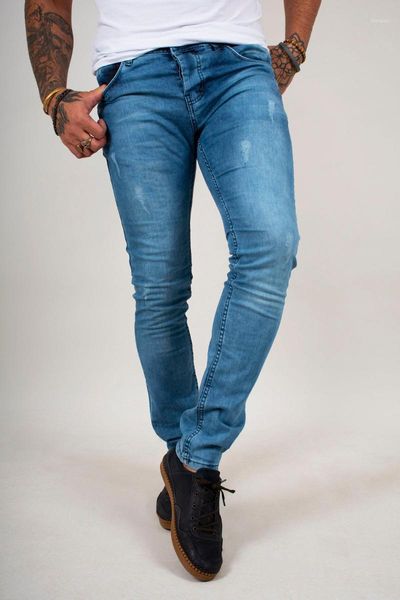 

deepsea laser cut tumbled lycra tight bell-bottomed jeans pants 21004261, Blue