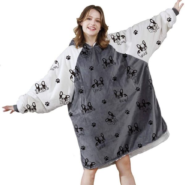 

tv lazy person wearable blanket big size unicorn printed sherpa hoodie warm, Black