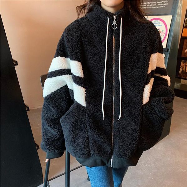 

women's wool & blends 2021 winter woman stand collar long-sleeve cashmere loose black and white splicing minimalist cardigan lamb fur c