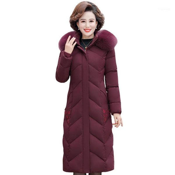 

plus size winter clothes women 2021 x-long fur collar winter coat women elegant embroidery cotton down jackte woman parka hooded1, Black