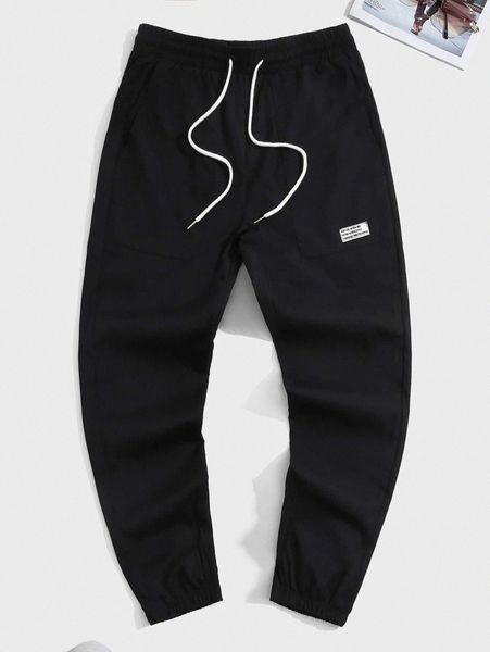 

men drawstring waist patched detail pants o36o#, Black