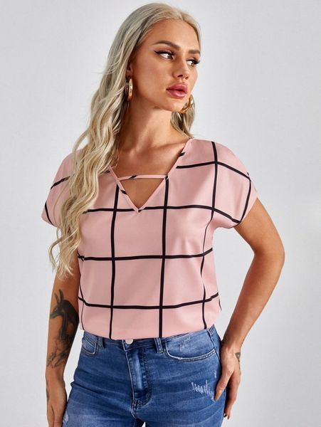 

grid print v-neck r7py#, White