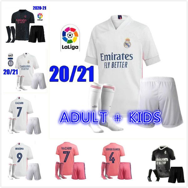 

20 21 real madrid soccer jerseys short home away third soccer kits hazard zidane benzema football shirt camiseta de futbol men kids sets, Black;yellow