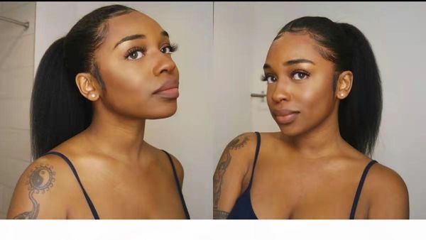 

trendy natural ponytail women human hair extension low sleek high sleek natural looking 120g 140g natural color yaki permed, Black