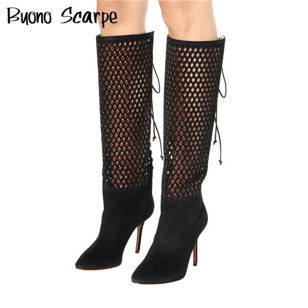 

stiletto high heel women mesh boots cross tied laces suede botas mujer pointed toe hollow out summer autumn boots feniminal shoe, Black