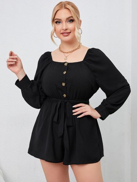 

plus raglan sleeve square neck belted romper o3r0#, Black