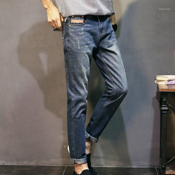 

mens slim pants jeans fashion full length cotton harem pencil pant for teenage mid waist casual blue denim straight jeans1