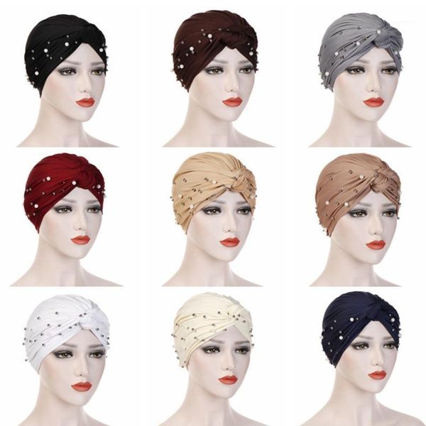 

2020 New Fashion Women Beading India Hat Muslim Ruffle Cancer Chemo Beanie Scarf Turban Wrap Cap For Casual Scarf H1, Blue;gray