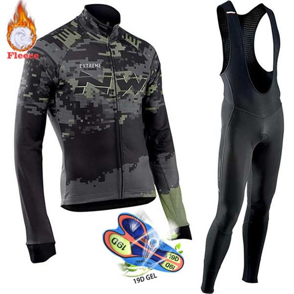 

2020 pro team nw winter thermal fleece cycling clothes men northwave jersey suit outdoor riding bike mtb clothing bib pants set, Black;blue