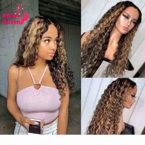 

ombre honey blonde water wave wig colored highlight wig human hair 13x6 hd lace frontal remy preplucked with baby hair, Black;brown