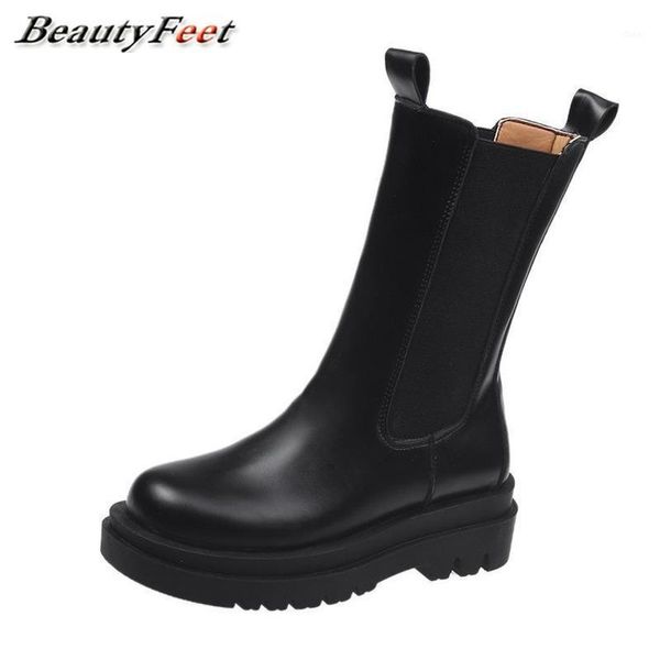 

new autumn winter boots solid black leather ankle boots for women shoes woman slip on square heels platform women1