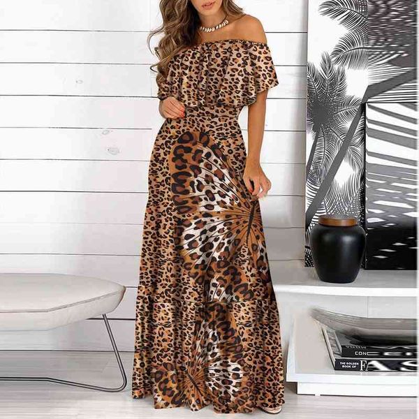 

off shoulder party dresses women lady ruffle leopard print long sundress ladies strappy slash neck dress vestido, Black;gray