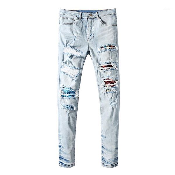 

new men's male trousers street fashion brand light-colored ripped jeans trend tie-dye stretch slim-fit denim pants1, Blue