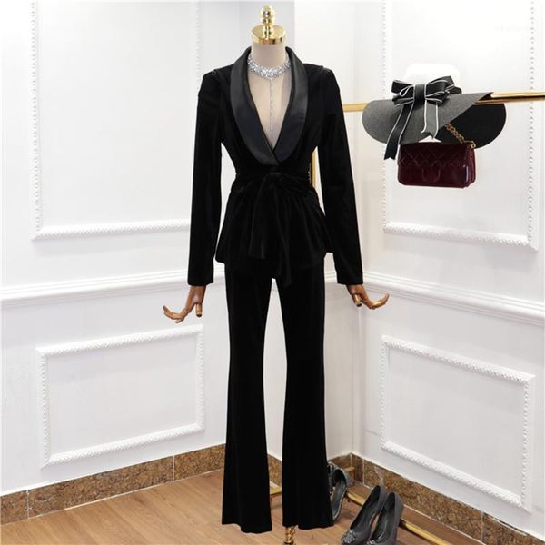 

women's tracksuits high street fashion 2021 designer runway suit set women's shawl collar velvet blazer coat pants set1, Gray