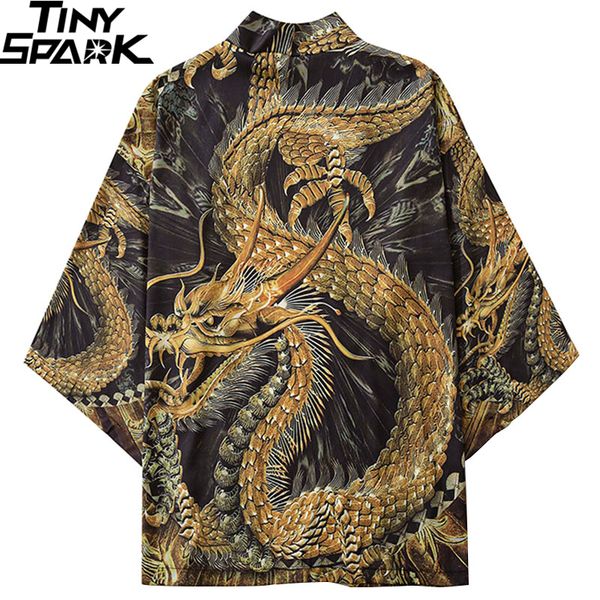 

japanese kimono jacket chinese gold dragon 2020 hip hop men japan streetwear jacket summer thin clothing loose kimono, Black;brown