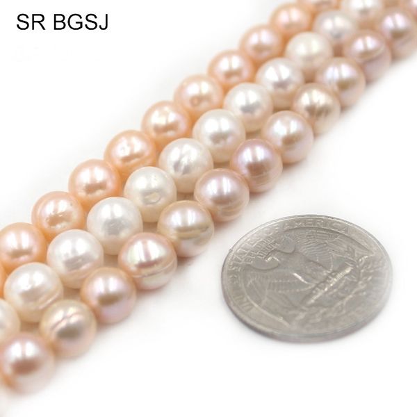 

8-9mm white pink purple nearly round natural freshwater pearl round pearls bail spacer diy beads 15" t200507