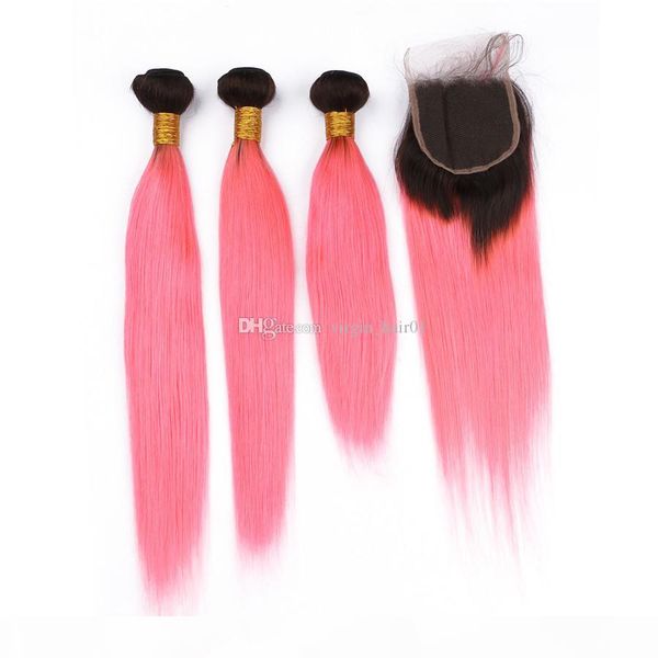 

pink straight ombre human hair weaves with lace closure brazilian virgin hair extension with lace closure ombre human hair weaves 4pcs lot, Black;brown