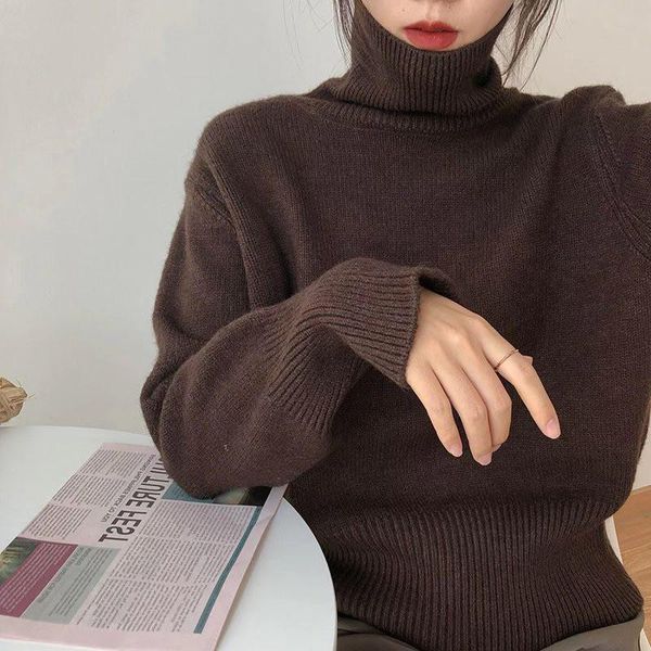 

2021 new winter loose turtle neck long-sleeved women thickened solid color minimalist pullover knitted sweater d163, White;black